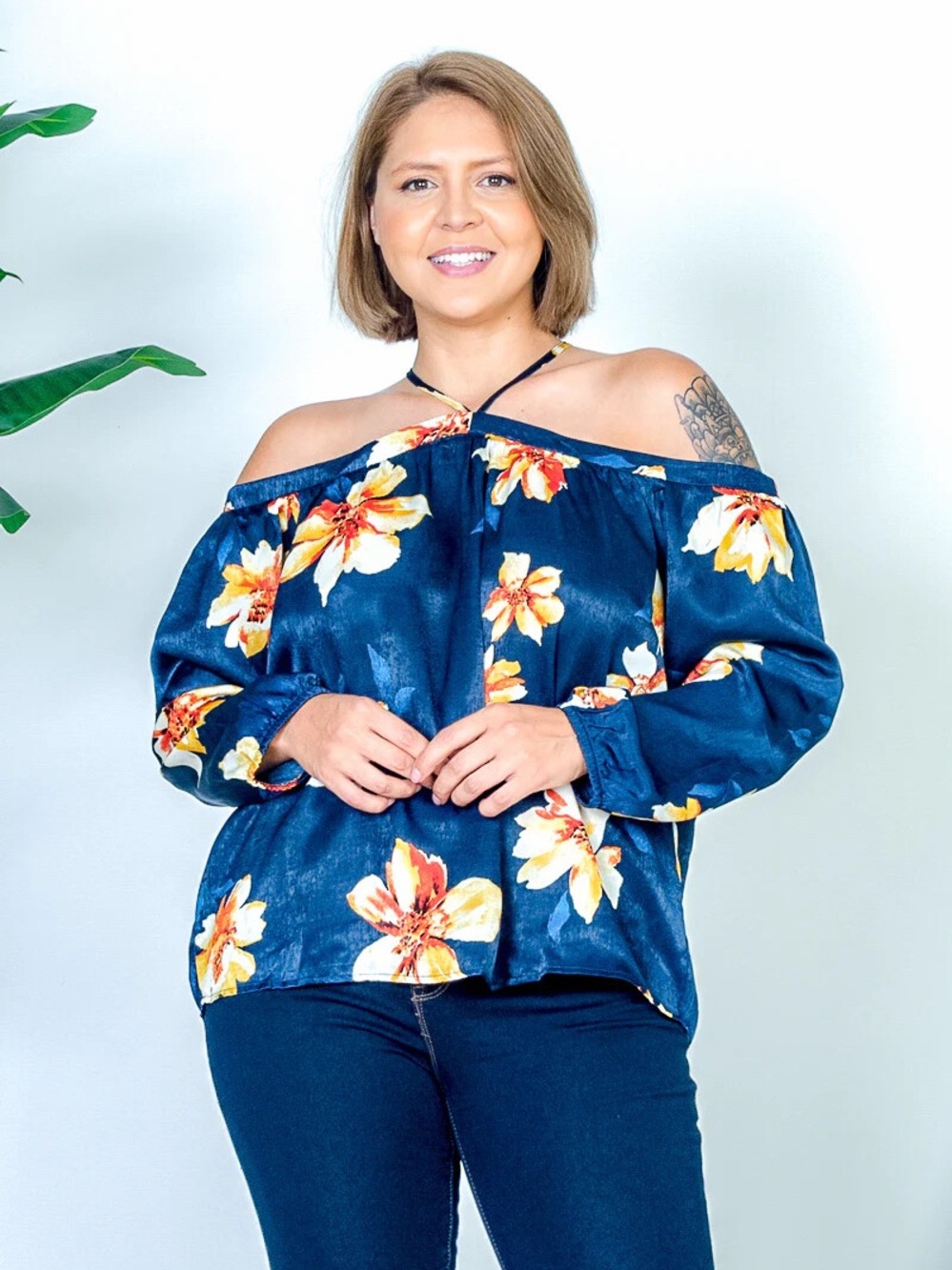 iris Navy Off-Shoulder Floral Tunic